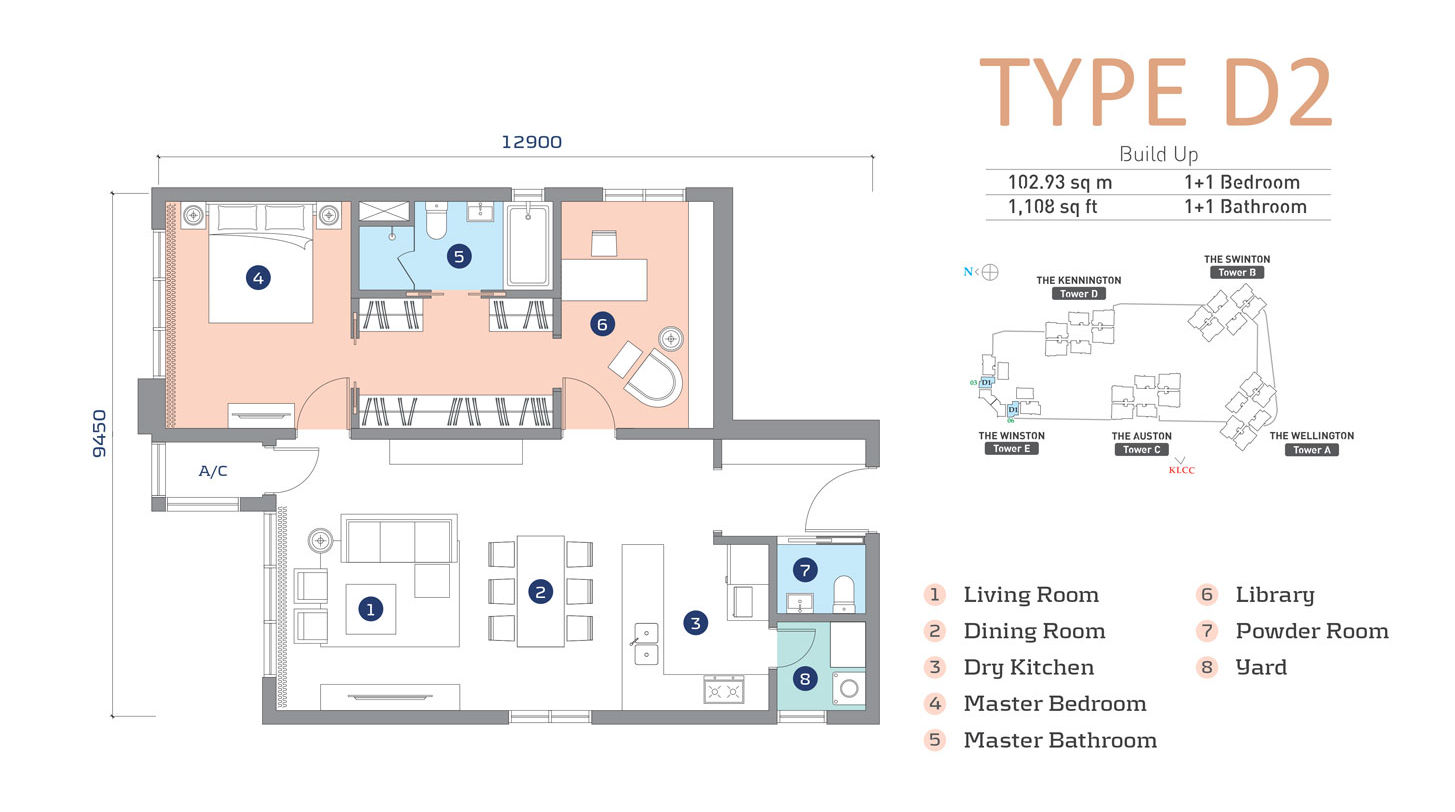 Cappella Embassy Type D2 floor plan — 1,108 sq ft, 2+1 bedroom